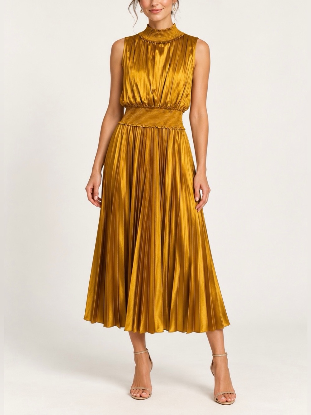 NWT Nanette Nanette Lepore Gold Pleated Smocked Midi Dress Various Sizes